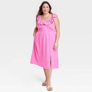 AVA & VIV Pink Ruffle Linen Empire Waist Dress
